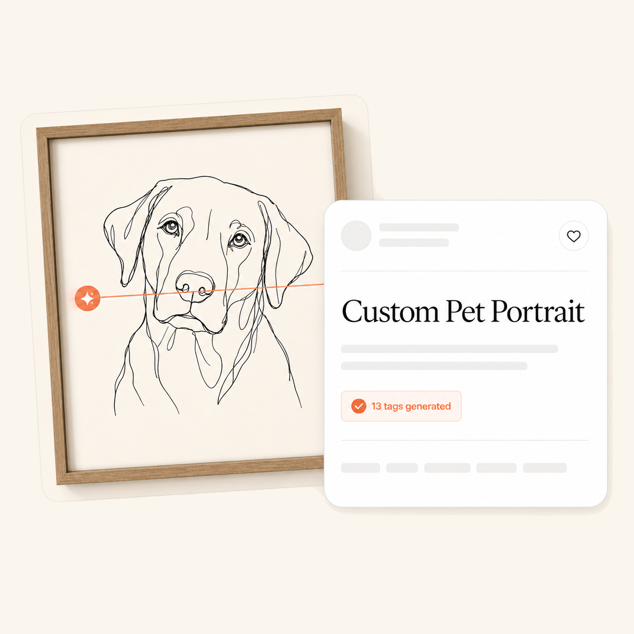 Pet portrait analyzed into an Etsy title and 13 generated tags