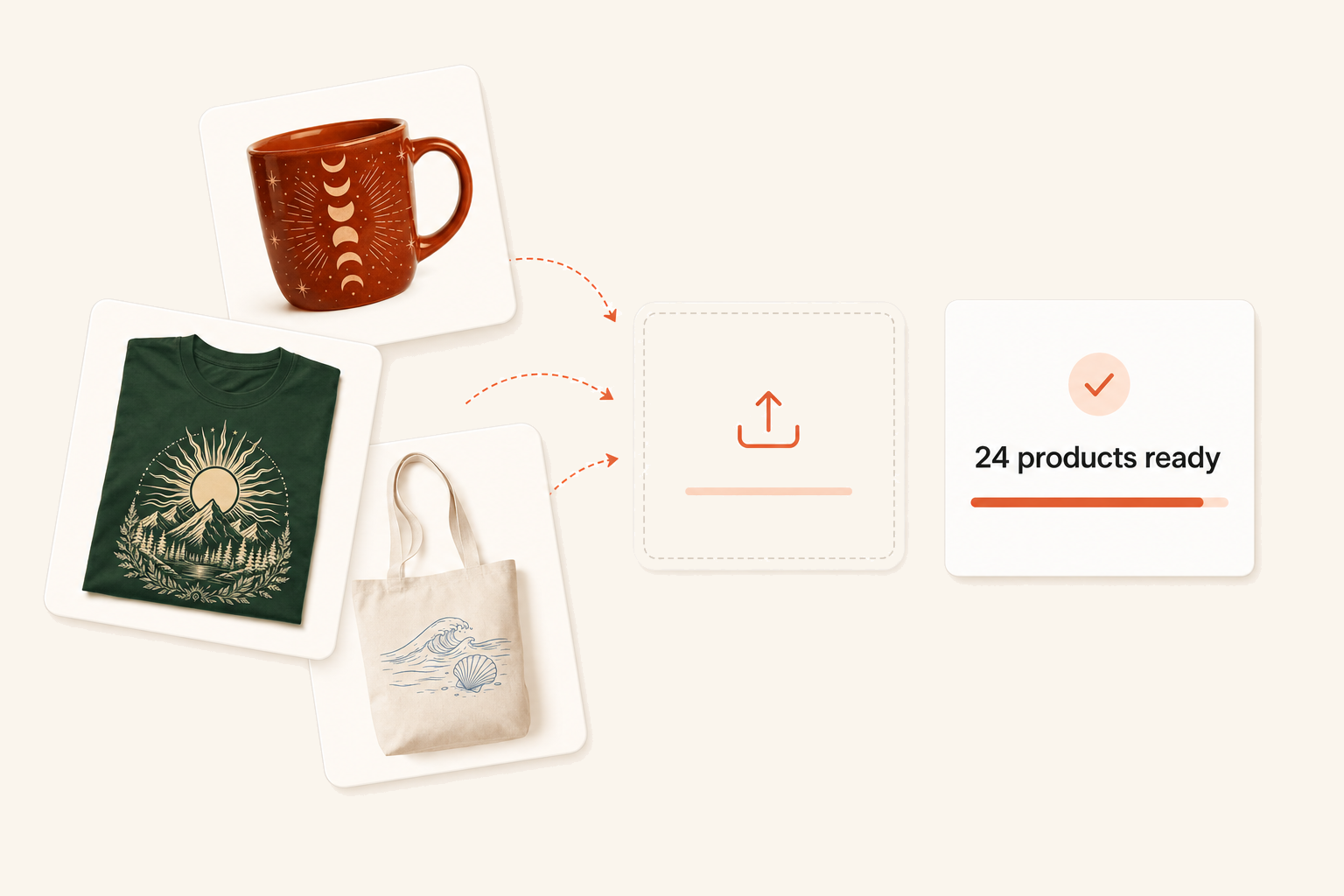 Three product designs moving into an upload tray with 24 products ready