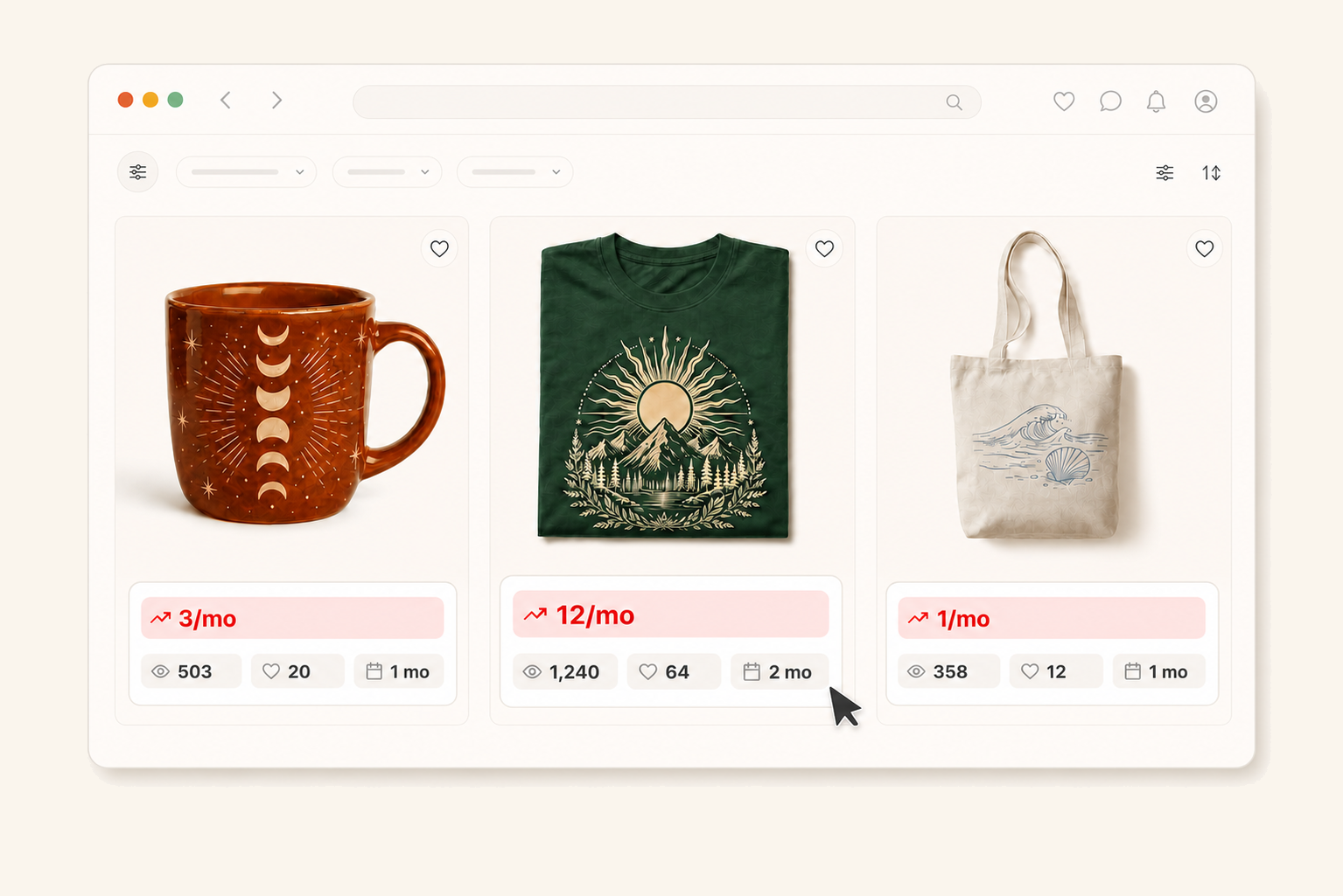 Product research cards with monthly sales, views, favorites, and listing age
