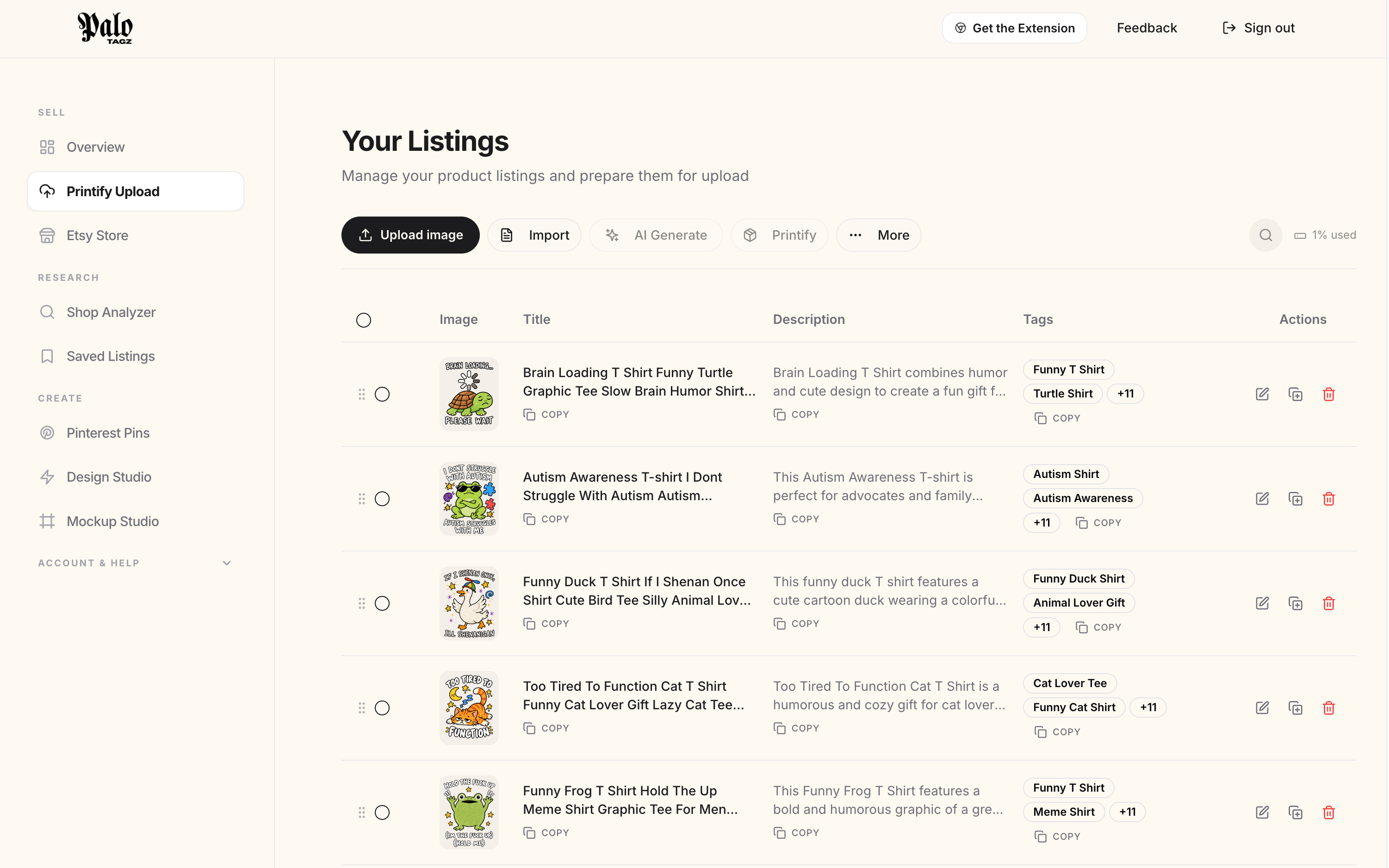PaloTagz listings dashboard