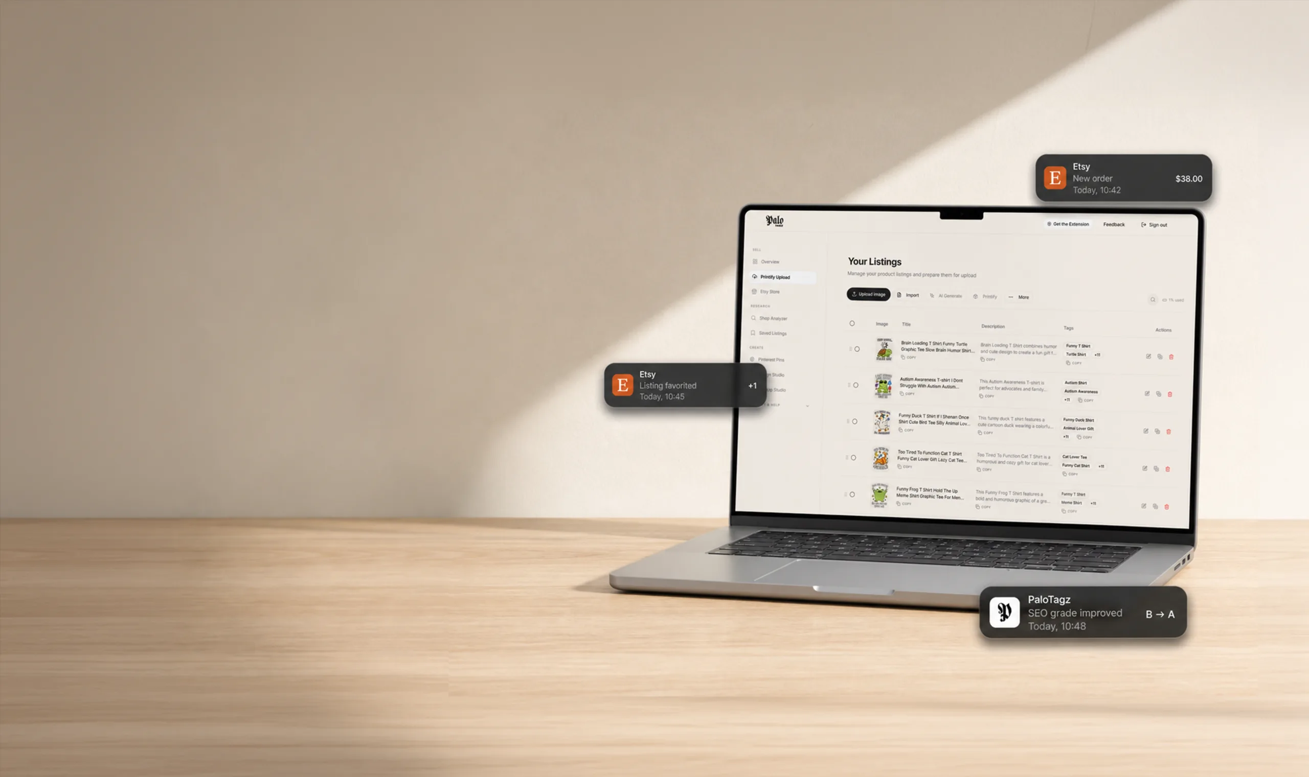 PaloTagz listings dashboard displayed on a MacBook with floating listing notifications